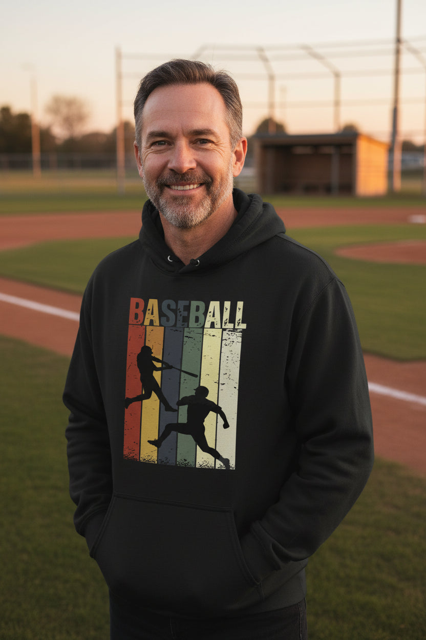 Baseball Dad Athletic Pride Retro Color Stripe Hoodie Design BLACK - FRONT