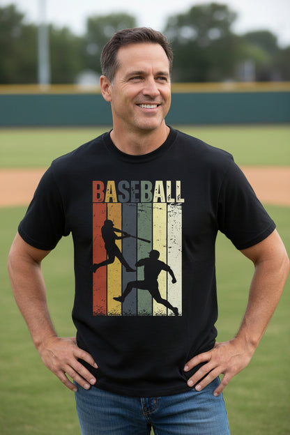 Baseball Dad Athletic Pride Retro Color Stripe T-Shirt Design BLACK - FRONT
