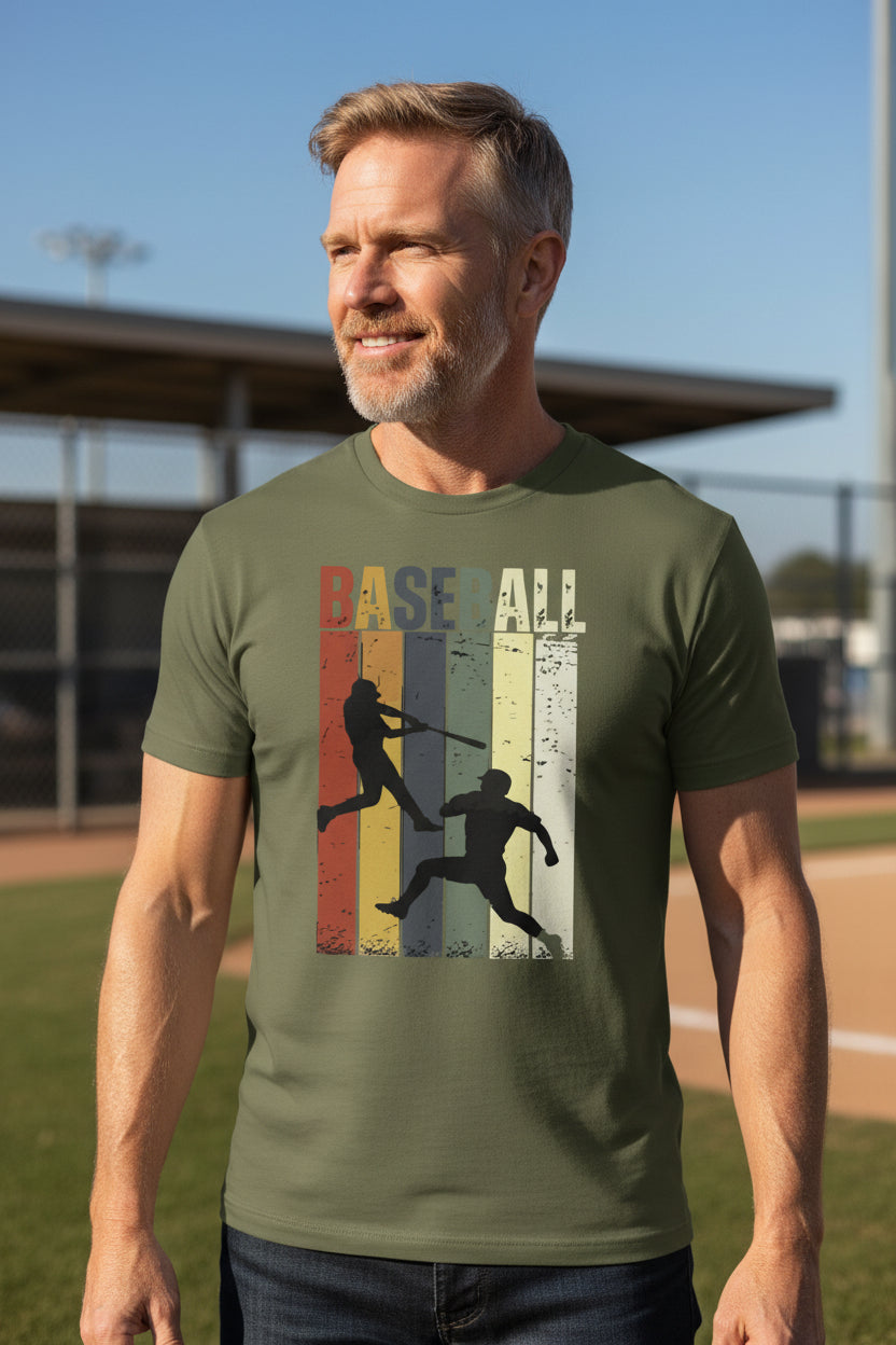 Baseball Dad Athletic Pride Retro Color Stripe T-Shirt Design MILITARY GREEN - FRONT