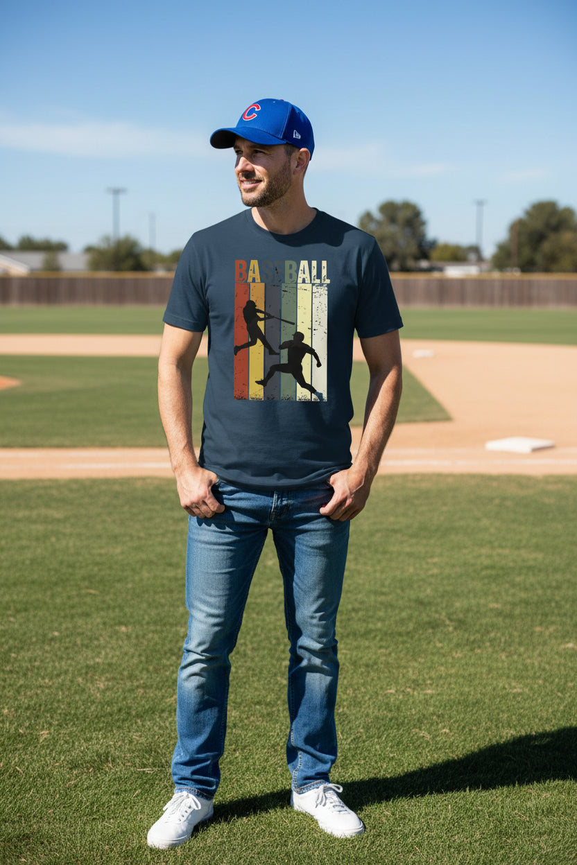 Baseball Dad Athletic Pride Retro Color Stripe T-Shirt Design MIDNIGHT NAVY - FRONT