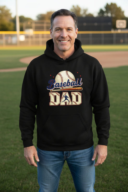 Baseball Dad Hoodie with Vintage Style Bat and Ball Sports Fan Design BLACK - SF500 - FRONT