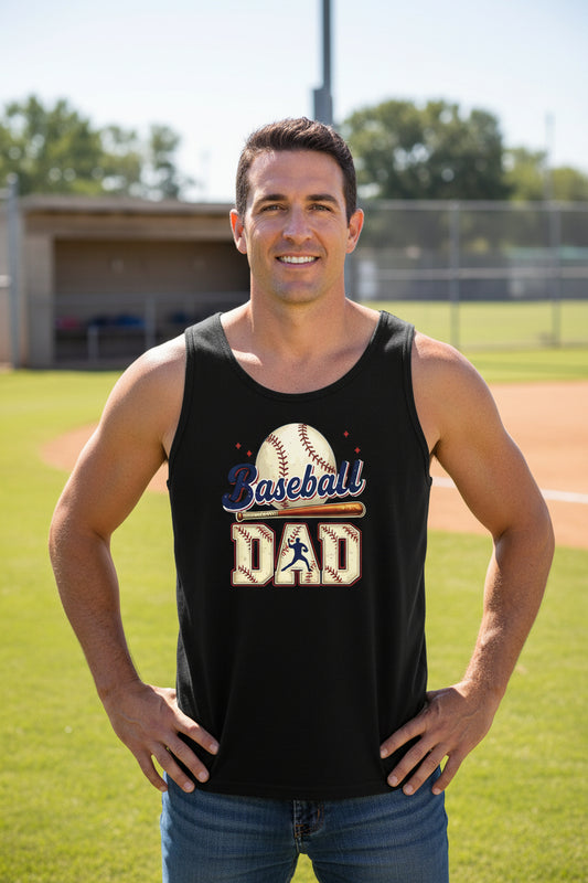Baseball Dad Tank Top with Vintage Style Bat and Ball Sports Fan Design BLACK - 3480 - FRONT
