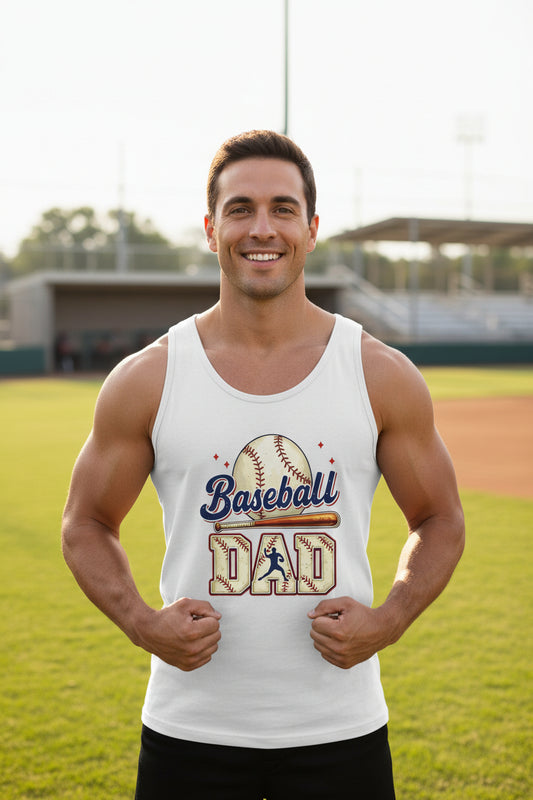 Baseball Dad Tank Top with Vintage Style Bat and Ball Sports Fan Design WHITE - 3480 - FRONT