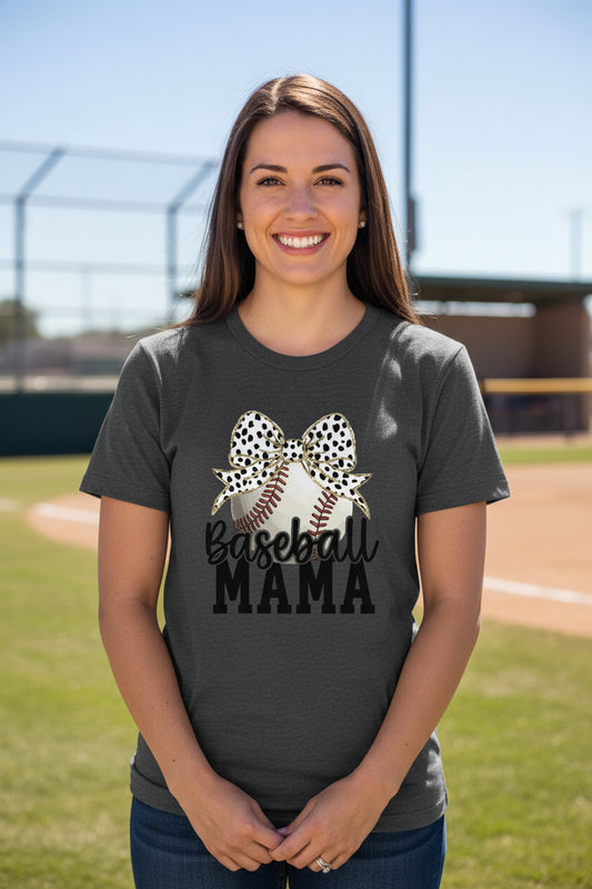 Baseball Mama Bow Vibes – Cute & Trendy Game Day Style T-Shirt DRK GREY HEATHER - 6004 - FRONT