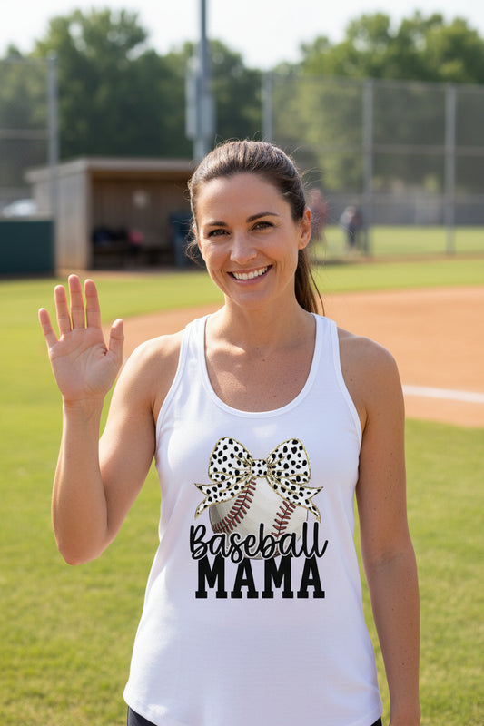 Baseball Mama Bow Vibes – Cute & Trendy Game Day Style Tank Top White - N1533 - FRONT