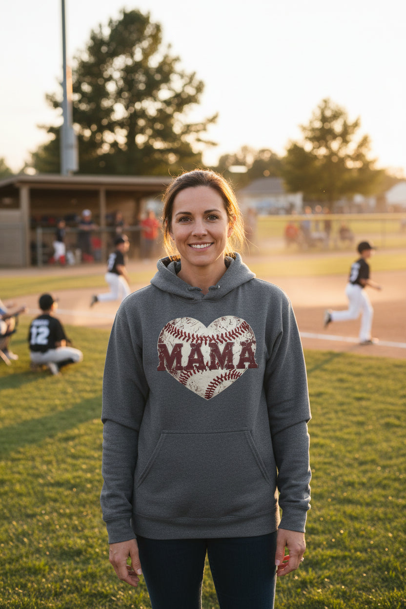 Baseball Mama Heart Hoodie - Athletic Pride Mom Spirit DARK HEATHER - FRONT