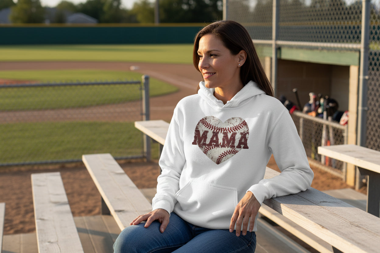 Baseball Mama Heart Hoodie - Athletic Pride Mom Spirit WHITE - FRONT