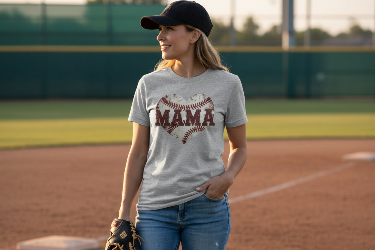 Baseball Mama Heart T-Shirt - Athletic Pride Mom Spirit ATHLETIC HEATHER - FRONT