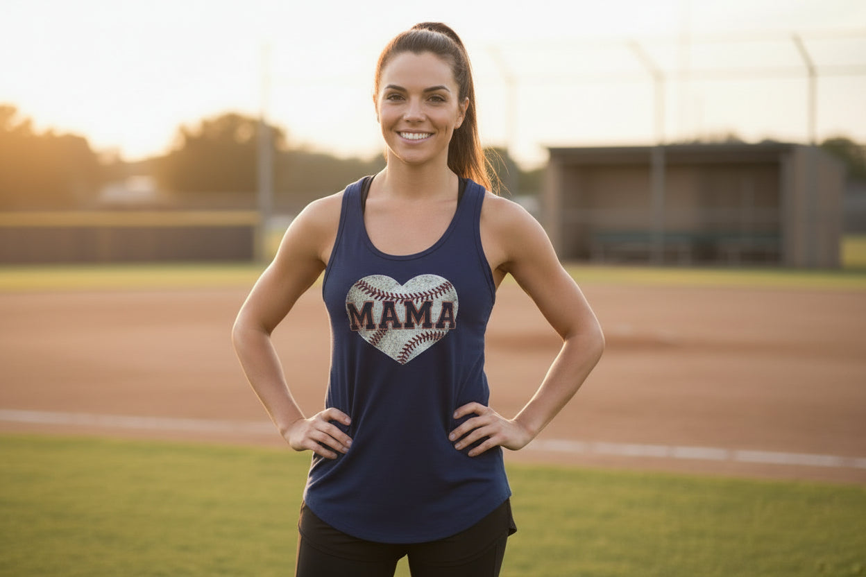 Baseball Mama Heart Tank Top - Athletic Pride Mom Spirit Midnight Navy - FRONT