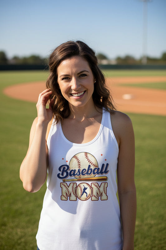 Baseball Mom Heartbeat Tank Top Proud Sports Family Design White - N1533 - FRONT