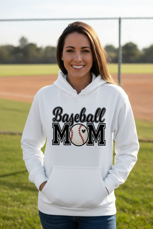 Baseball Mom Hoodie with Heart Ball – Game Day Spirit Style WHITE - SF500 - FRONT