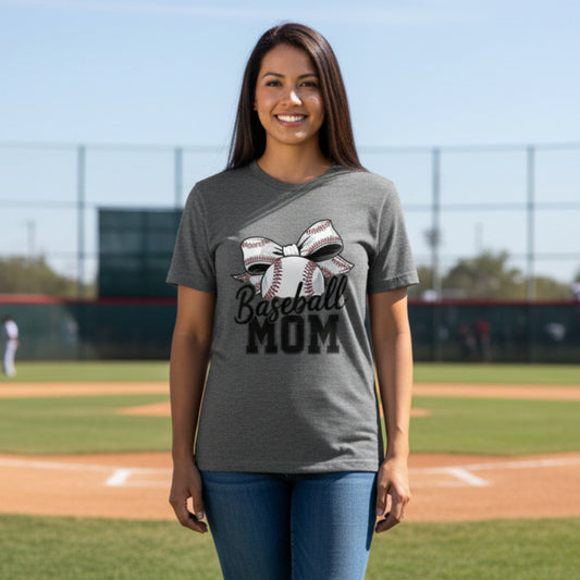Baseball Mom Life – Chic Bow Game Day Statement T-Shirt DRK GREY HEATHER - 6004 - FRONT