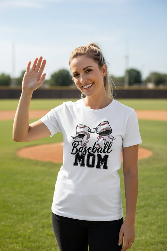 Baseball Mom Life – Chic Bow Game Day Statement T-Shirt WHITE - 6004 - FRONT