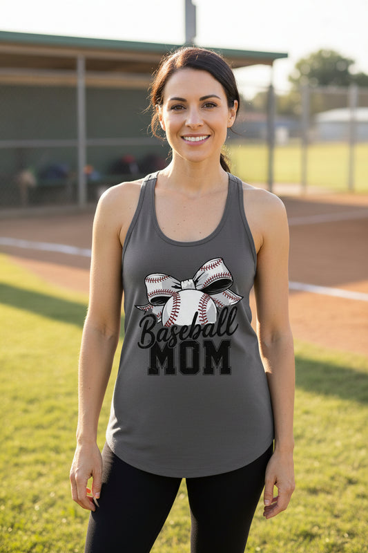 Baseball Mom Life – Chic Bow Game Day Statement Tank Top Dark Gray - N1533 - FRONT