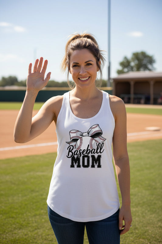 Baseball Mom Life – Chic Bow Game Day Statement Tank Top White - N1533 - FRONT