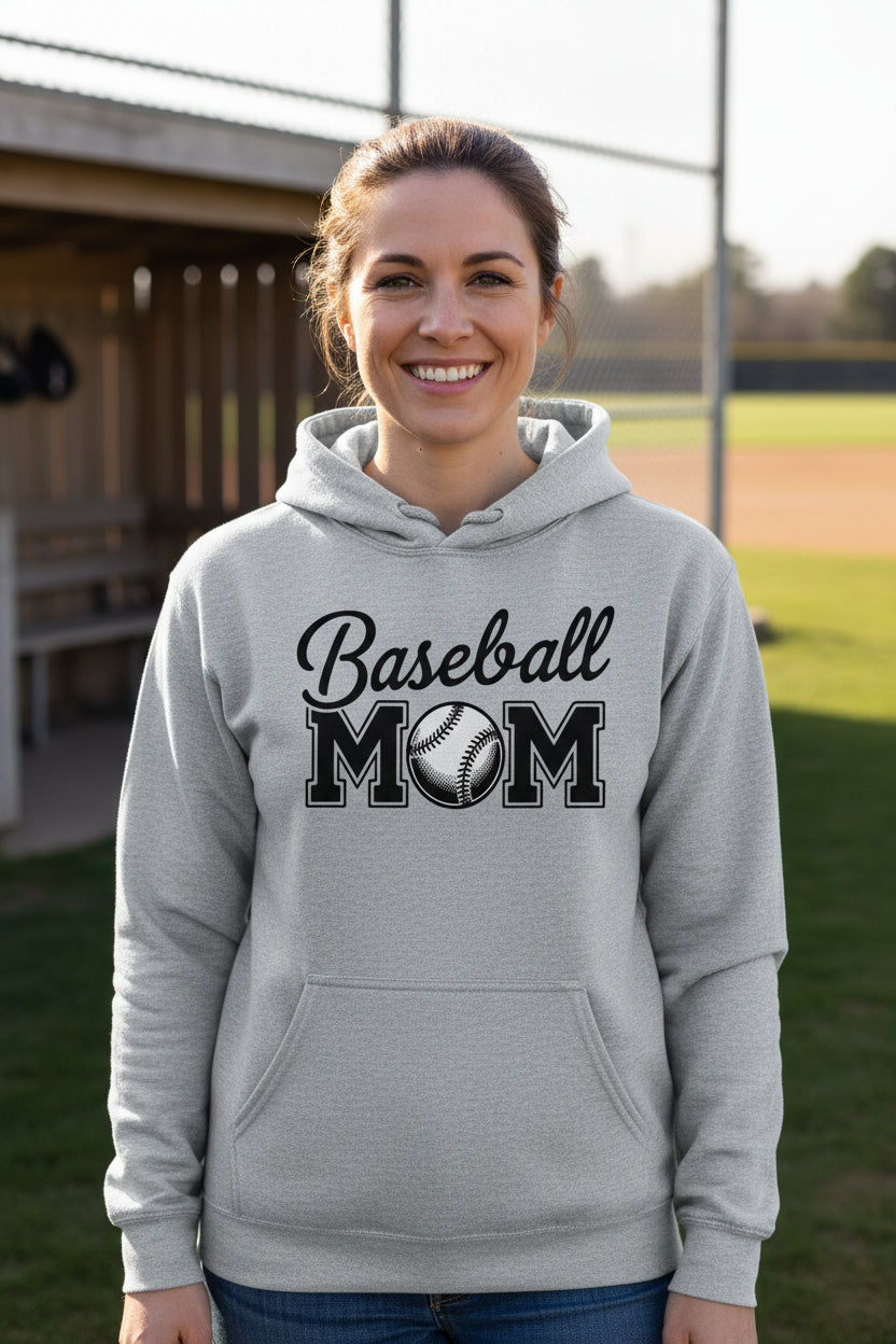 Baseball Mom Script Design with Ball Graphic – Game Day Spirit Style Hoodie SPORT GREY - FRONT