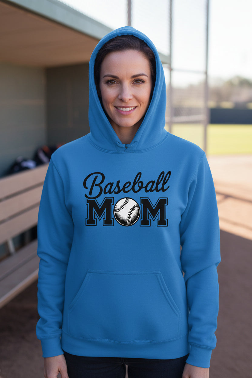 Baseball Mom Script Design with Ball Graphic – Game Day Spirit Style Hoodie Royal - FRONT