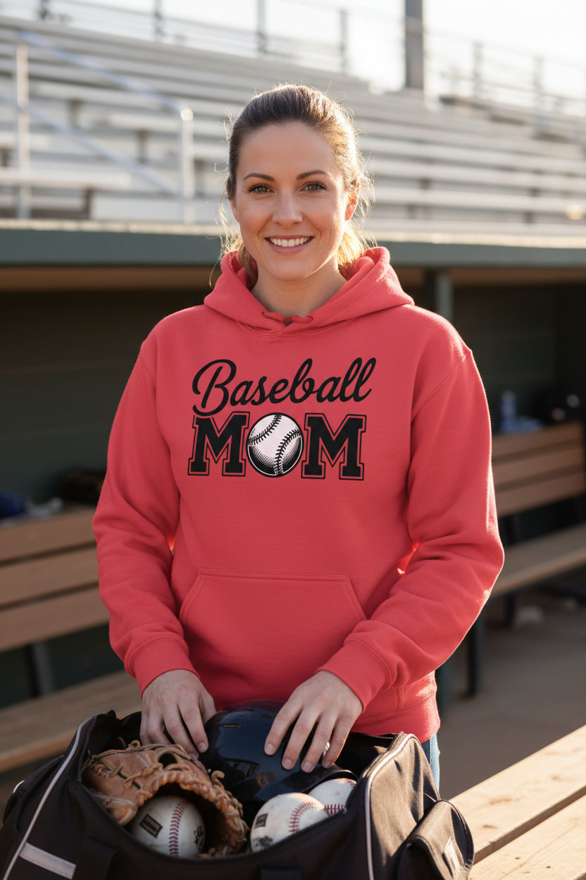 Baseball Mom Script Design with Ball Graphic – Game Day Spirit Style Hoodie RED - FRONT