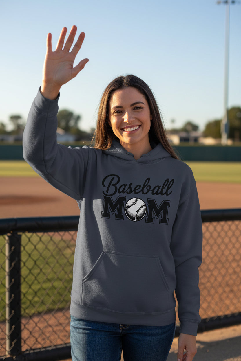 Baseball Mom Script Design with Ball Graphic – Game Day Spirit Style Hoodie NAVY - FRONT