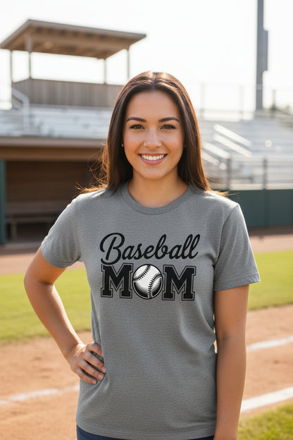 Baseball Mom Script Design with Ball Graphic – Game Day Spirit Style T-Shirt DEEP HEATHER - FRONT