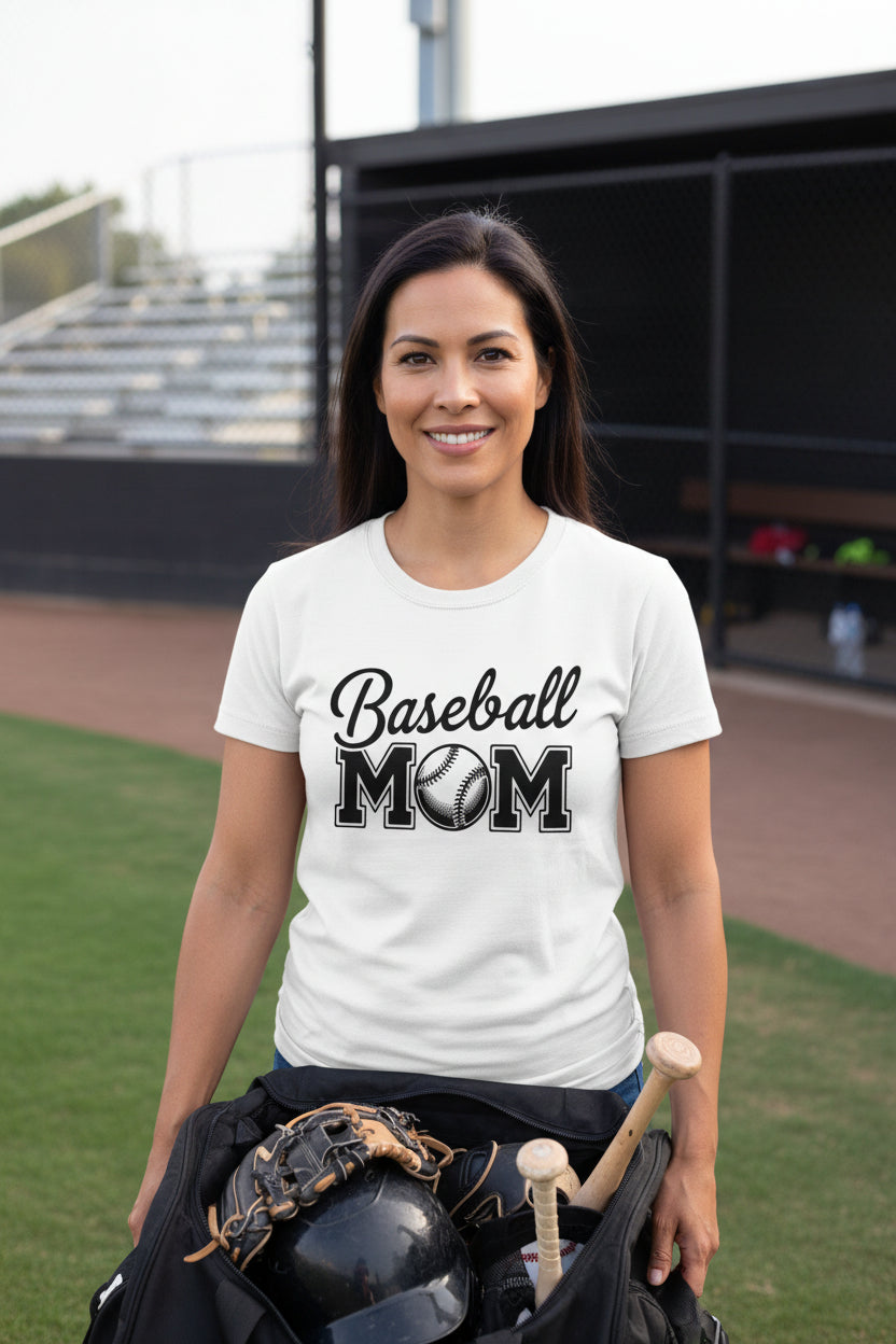 Baseball Mom Script Design with Ball Graphic – Game Day Spirit Style T-Shirt WHITE - FRONT