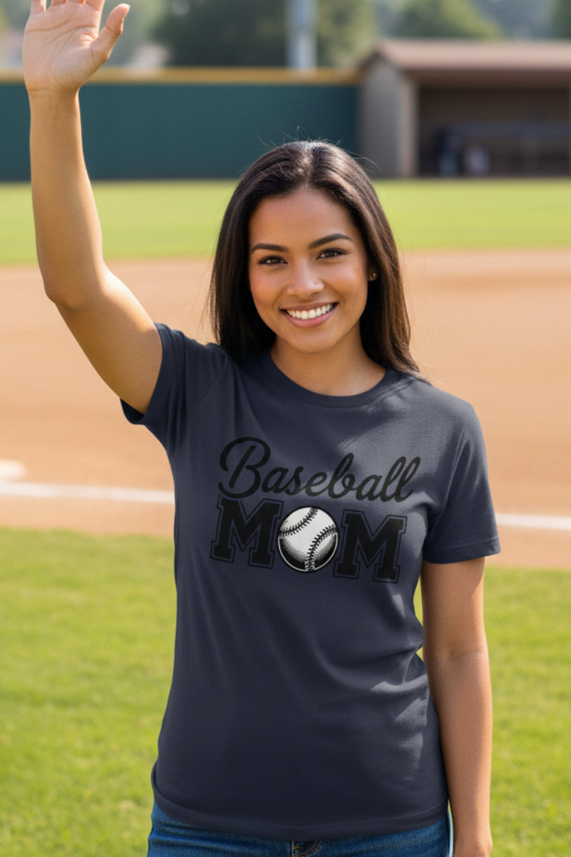 Baseball Mom Script Design with Ball Graphic – Game Day Spirit Style T-Shirt NAVY - FRONT