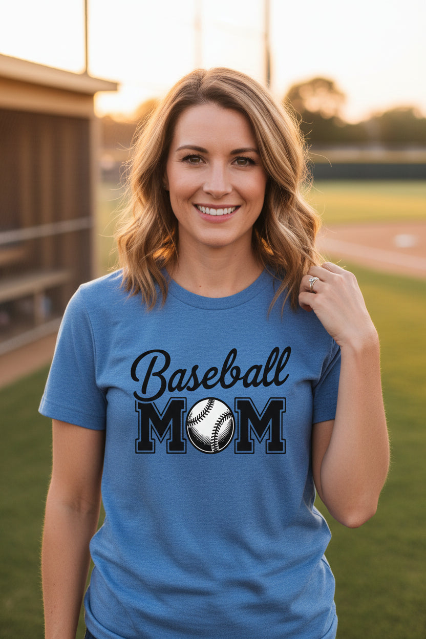 Baseball Mom Script Design with Ball Graphic – Game Day Spirit Style T-Shirt HTHR TRUE ROYAL - FRONT
