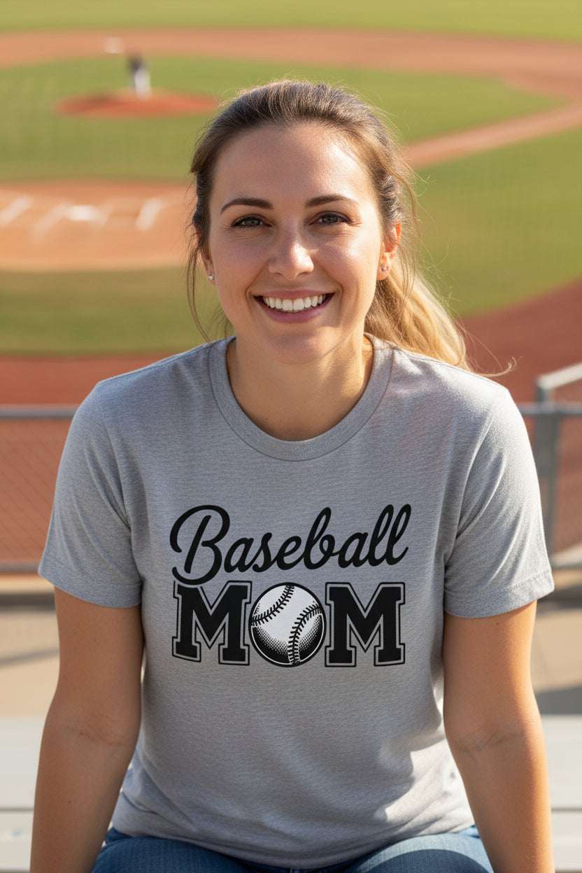 Baseball Mom Script Design with Ball Graphic – Game Day Spirit Style T-Shirt ATHLETIC HEATHER - FRONT