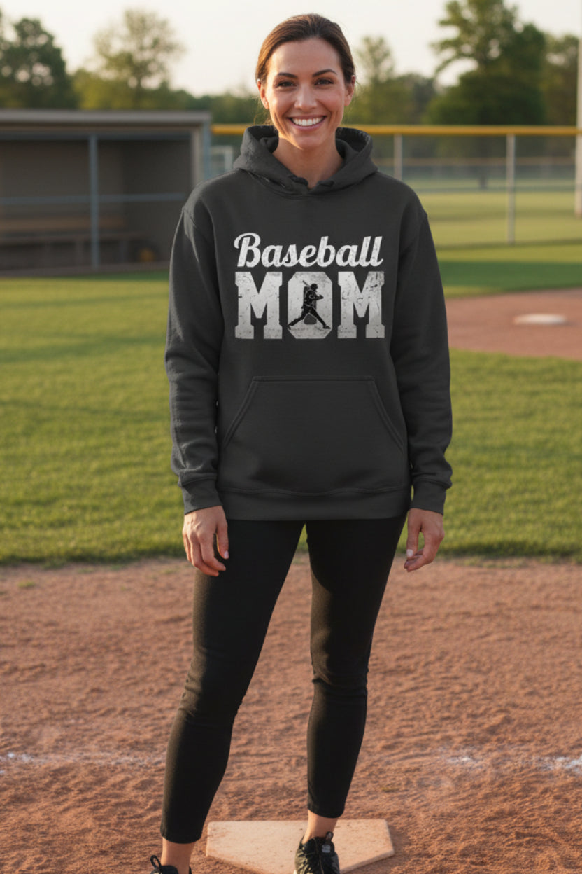 Baseball Mom Supporter Vintage Hoodie with Silhouette Athletic Design BLACK- FRONT