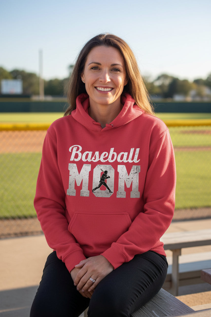 Baseball Mom Supporter Vintage Hoodie with Silhouette Athletic Design RED - FRONT