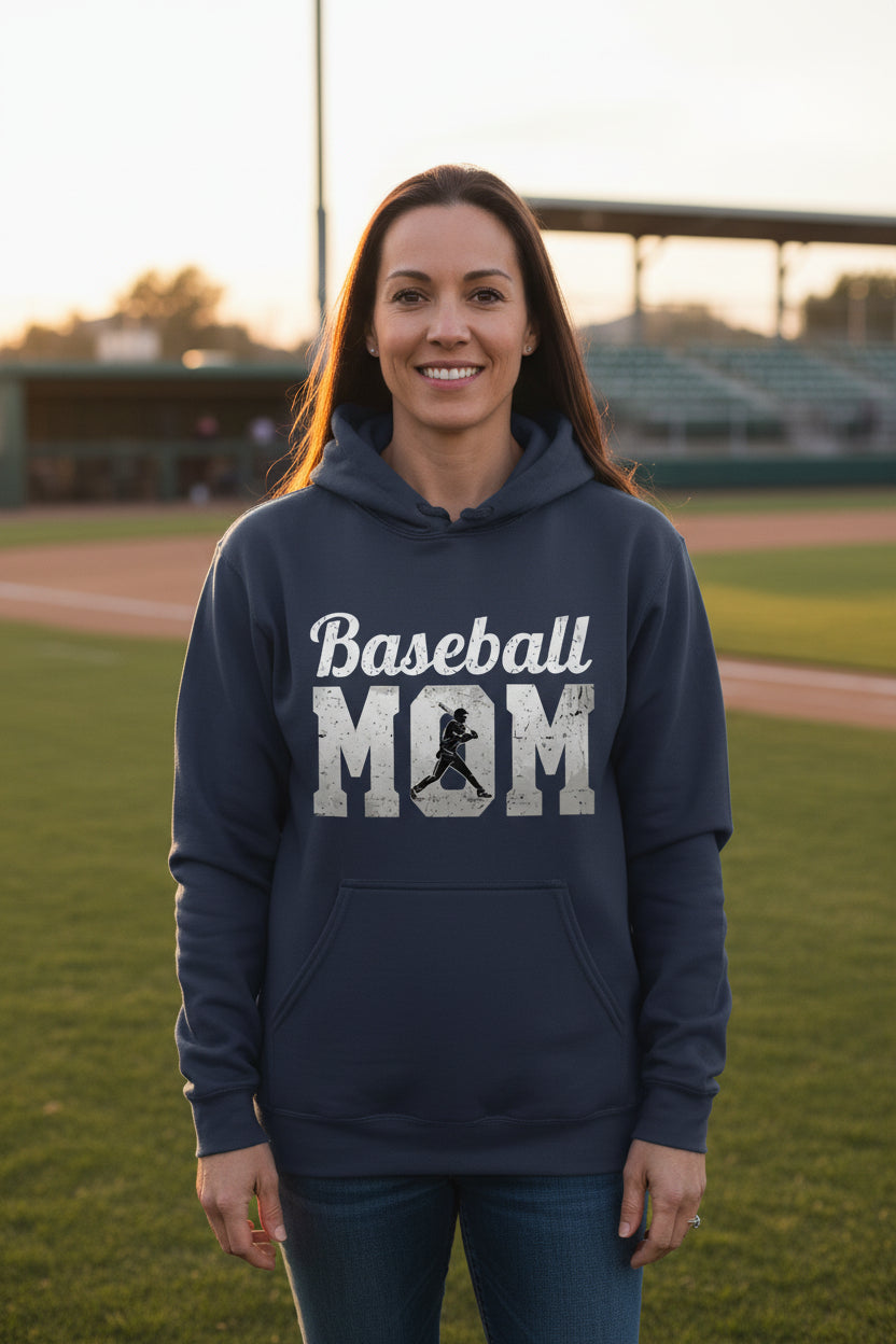 Baseball Mom Supporter Vintage Hoodie with Silhouette Athletic Design NAVY - FRONT