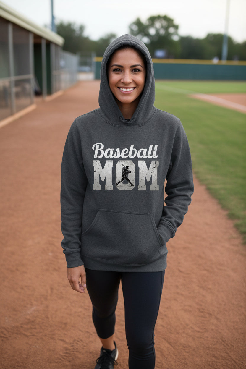 Baseball Mom Supporter Vintage Hoodie with Silhouette Athletic Design DARK HEATHER - FRONT