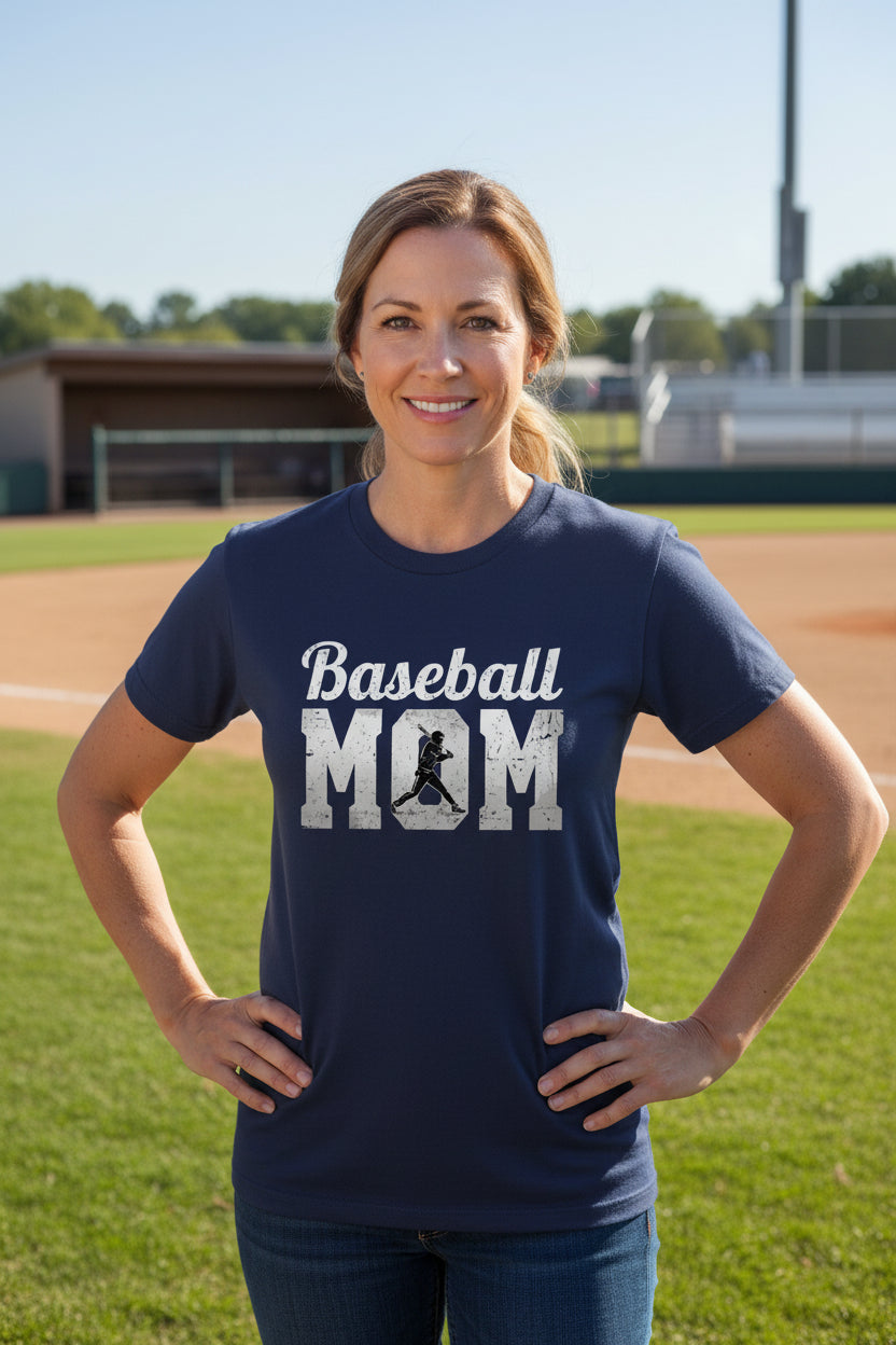 Baseball Mom Supporter Vintage T-Shirt with Silhouette Athletic Design NAVY - FRONT