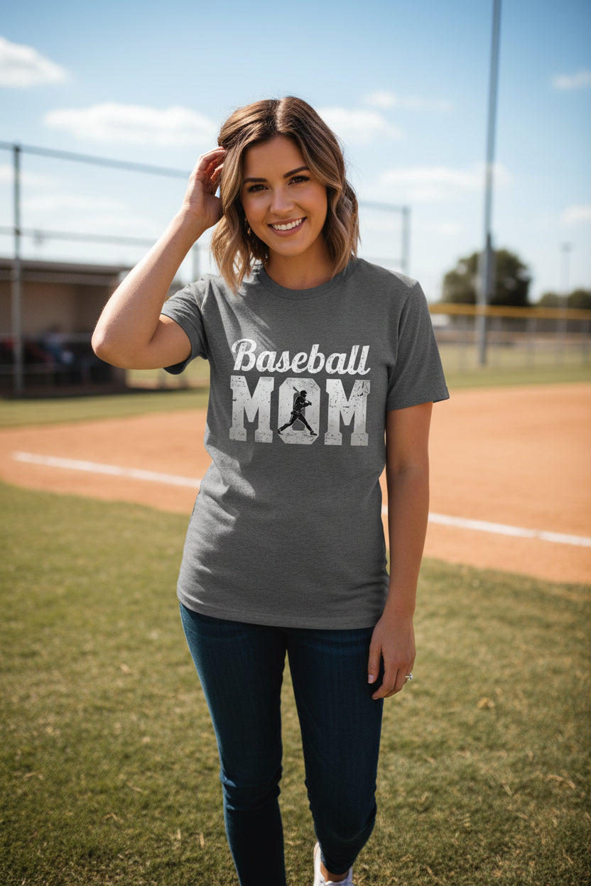 Baseball Mom Supporter Vintage T-Shirt with Silhouette Athletic Design DRK GREY HEATHER - FRONT