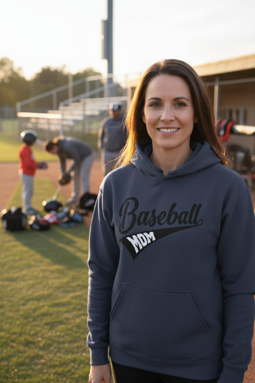 Baseball Mom Vibes – Stylish Sports Parent Pride Statement Hoodie NAVY - FRONT