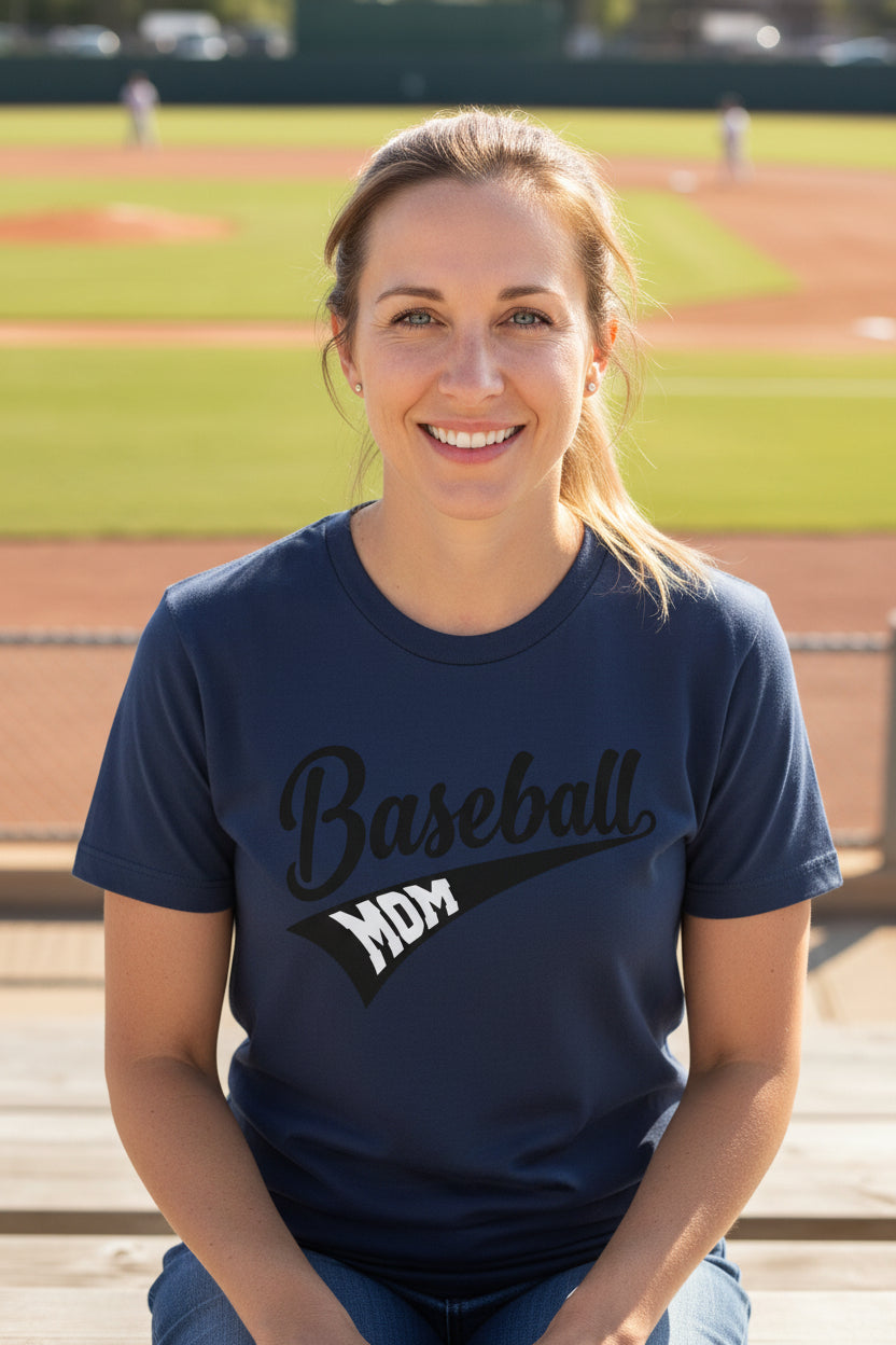 Baseball Mom Vibes – Stylish Sports Parent Pride Statement T-Shirt NAVY - FRONT