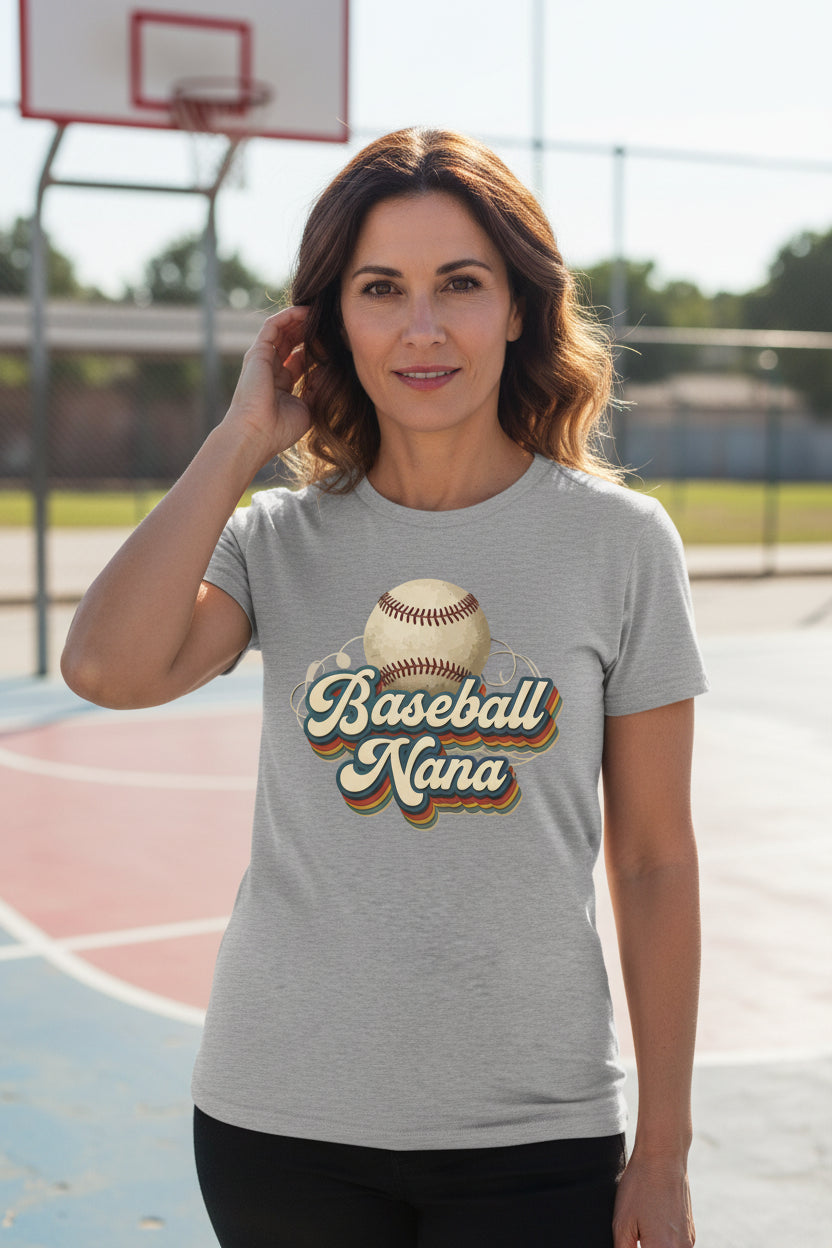 Baseball Nana Groovy Retro Sports Family Fan T-Shirt ATHLETIC HEATHER - 6004 - FRONT