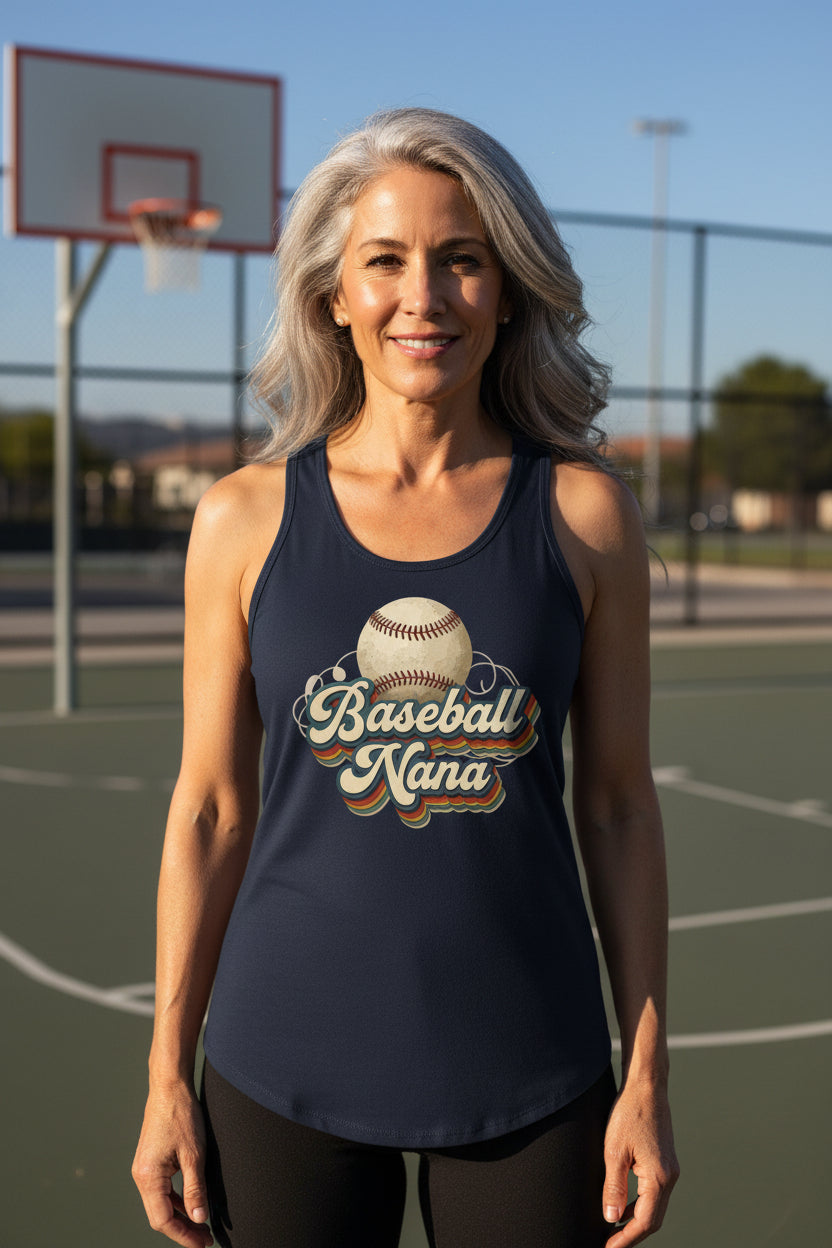 Baseball Nana Groovy Retro Sports Family Fan Tank Top Midnight Navy - N1533 - FRONT