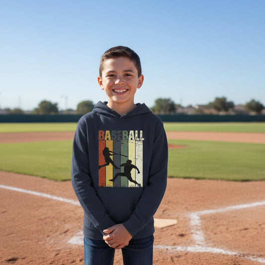 Baseball Player Retro Sunset Hoodie for Boys Touchdown Athlete Vintage Style True Navy - YST358 - FRONT