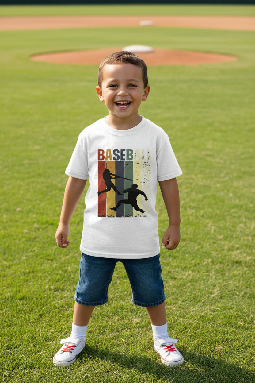 Baseball Player Retro Sunset T-Shirt for Boys Touchdown Athlete Vintage Style WHITE - G640B - FRONT