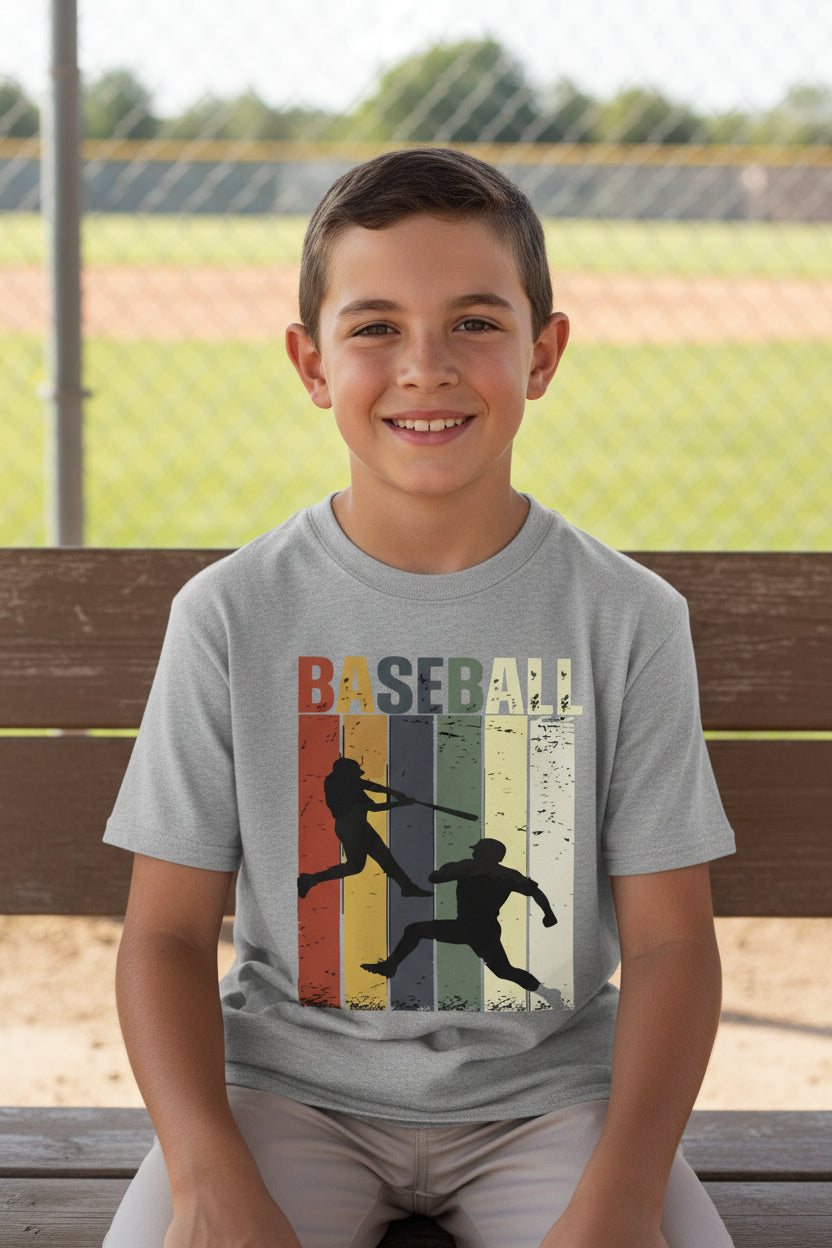 Baseball Player Retro Sunset T-Shirt for Boys Touchdown Athlete Vintage Style Sport Grey - G640B - FRONT