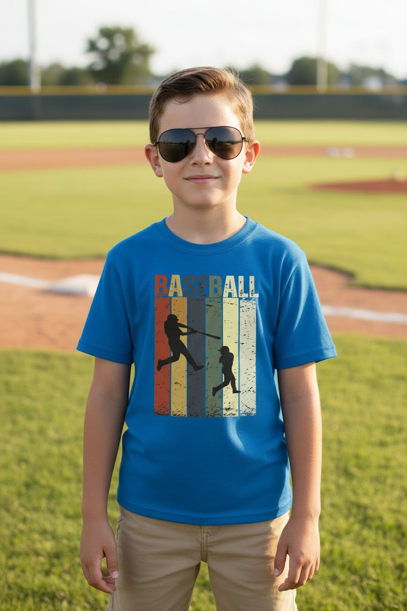 Baseball Player Retro Sunset T-Shirt for Boys Touchdown Athlete Vintage Style Royal - G640B - FRONT
