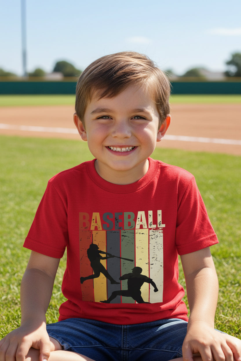 Baseball Player Retro Sunset T-Shirt for Boys Touchdown Athlete Vintage Style Red - G640B - FRONT