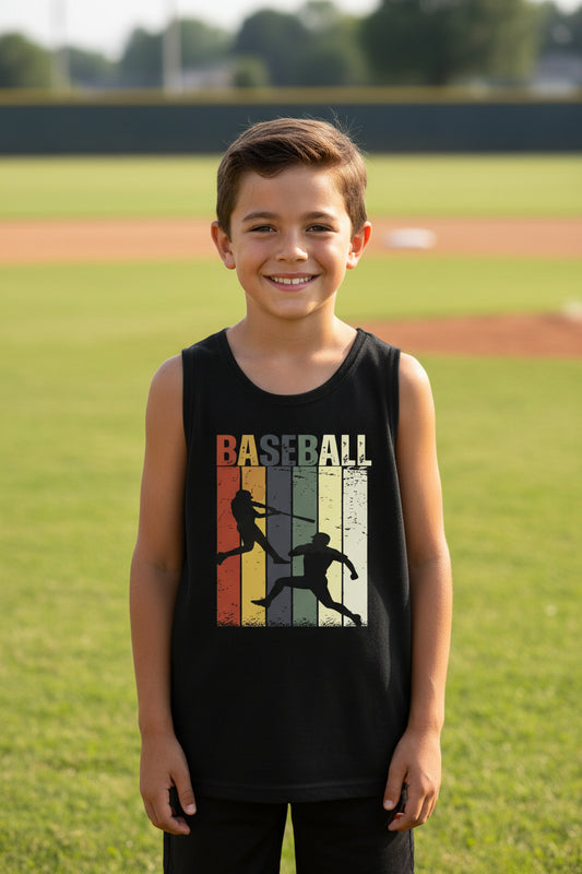Baseball Player Retro Sunset Tank Top Shirt for Boys Touchdown Athlete Vintage Style Solid Black Triblend - 3480YCV - FRONT