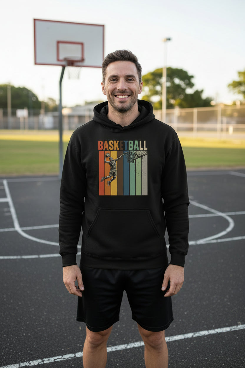 Basketball Dad Athletic Pride Retro Color Stripe Hoodie Design BLACK - FRONT