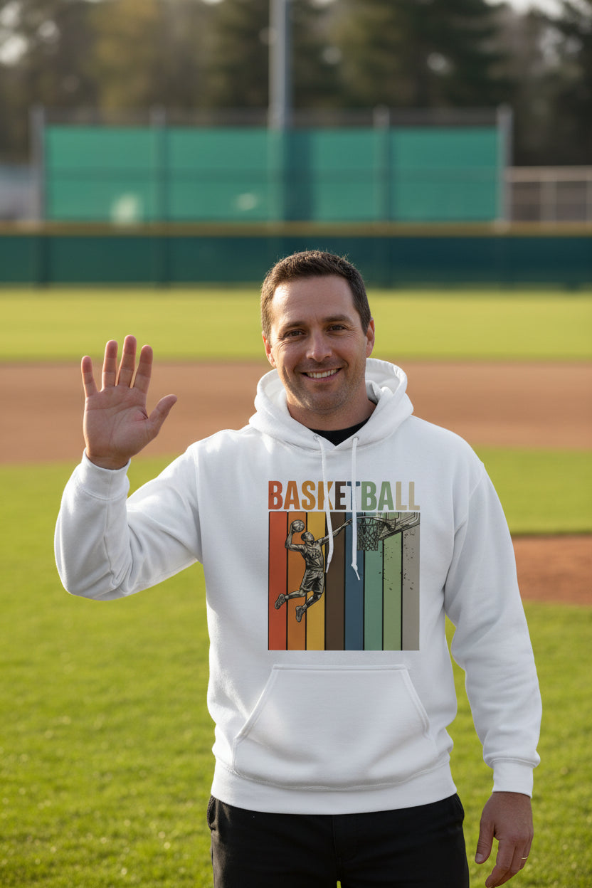 Basketball Dad Athletic Pride Retro Color Stripe Hoodie Design WHITE - FRONT