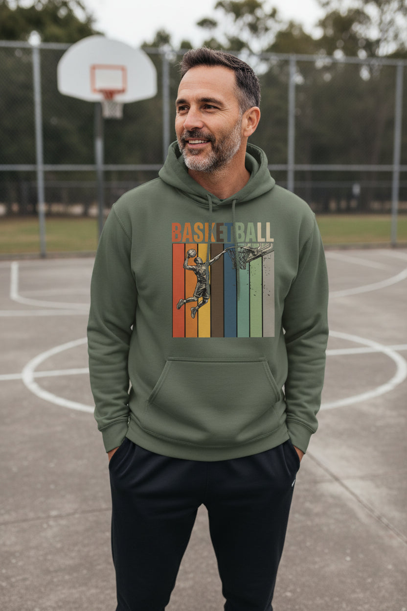 Basketball Dad Athletic Pride Retro Color Stripe Hoodie Design MILITARY GREEN - FRONT