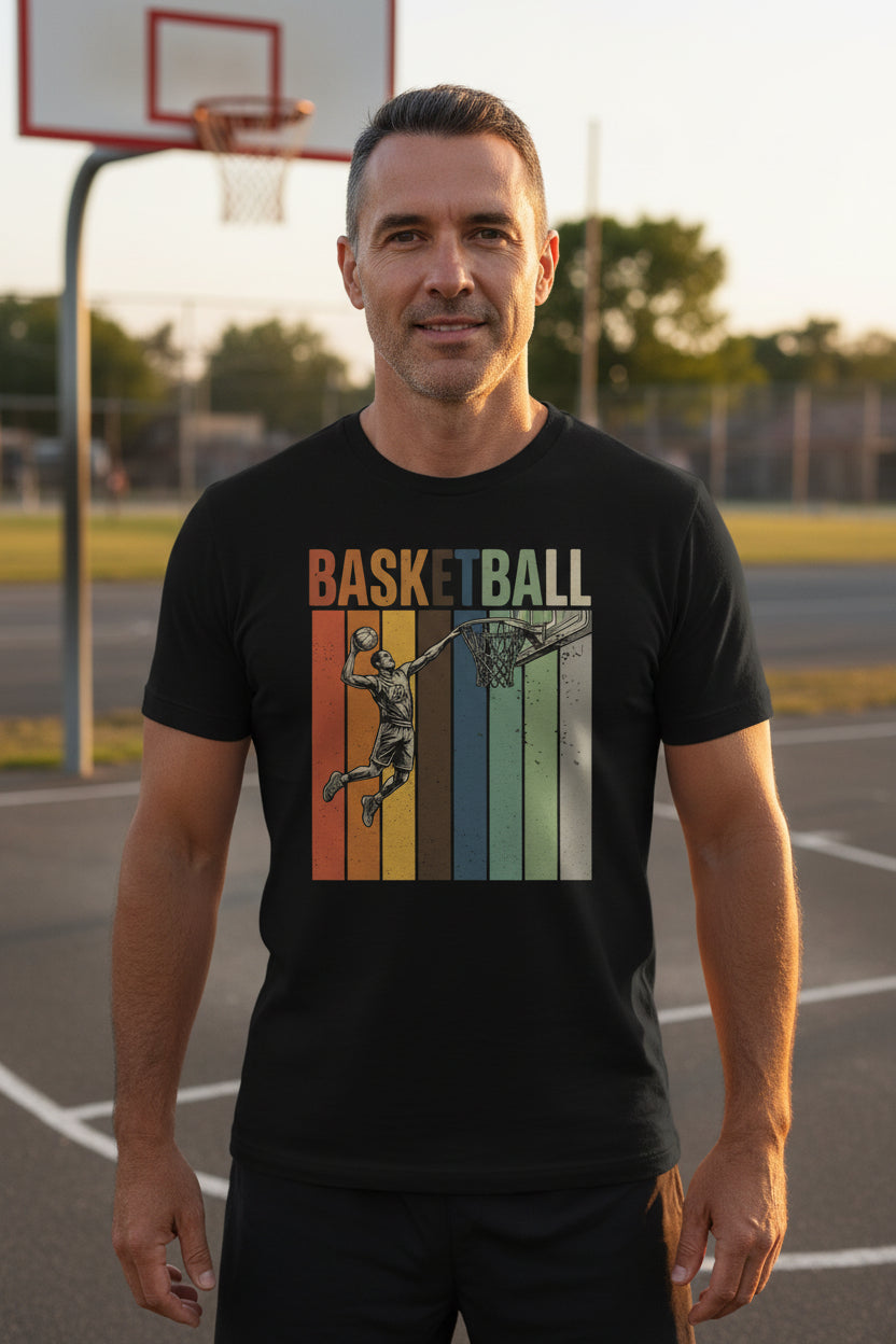 Basketball Dad Athletic Pride Retro Color Stripe T-Shirt Design BLACK - FRONT