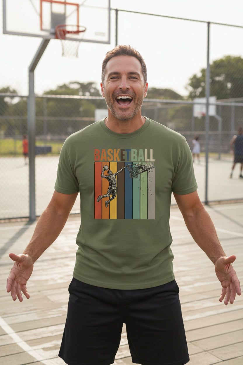 Basketball Dad Athletic Pride Retro Color Stripe T-Shirt Design MILITARY GREEN - FRONT