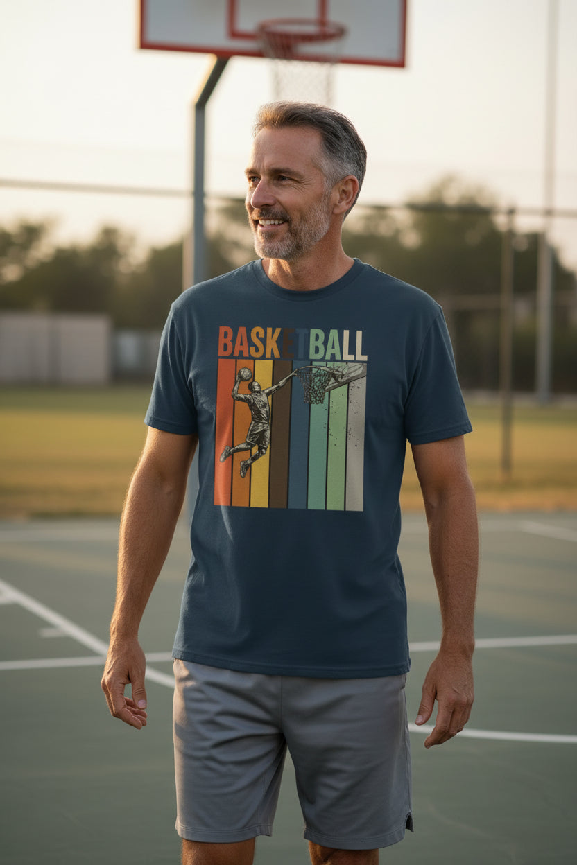 Basketball Dad Athletic Pride Retro Color Stripe T-Shirt Design MIDNIGHT NAVY - FRONT